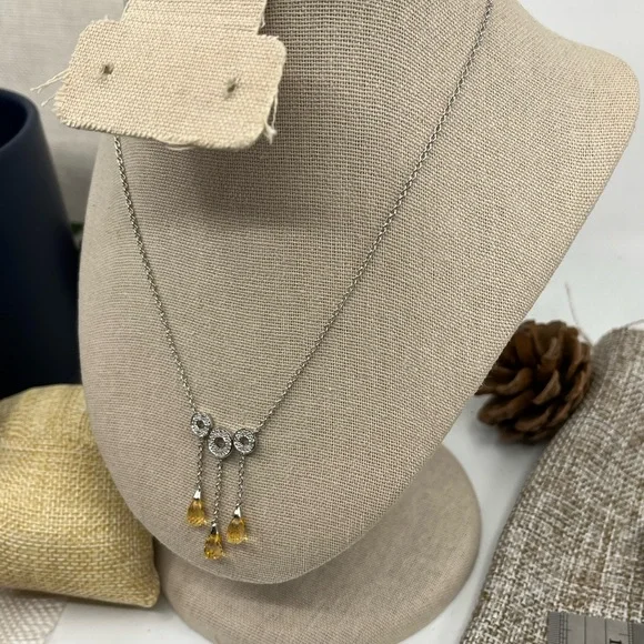 Vintage 10KT White Gold Necklace with Citrine Briolette Drops & Diamond Accents - Picture 9 of 15